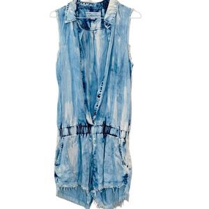Vintage Havana Distressed Frayed Sleeveless Chambray Romper Blue Medium